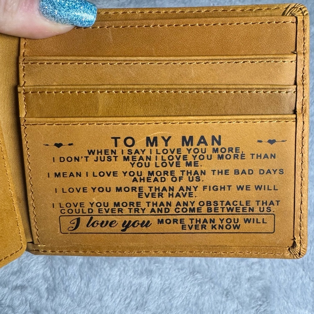 Brown Leather Wallet "To My Man" Bifold with Message | Gift Idea | Never Used